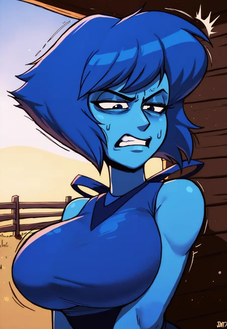 safe_pos, safe_pos, Score_9_up, score_8_up, score_7_up, ljn, BREAK,
1girl, solo, bust shot, short hair, blue hair, navy blue eyes, colored skin, blue skin, sleeveless, blue dress, irritated expression, gritted teeth,
lapis Lazuli, massive breasts, BREAK,
farm, barn,