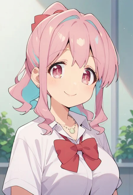 score_9, score_8_up, score_7_up, source_anime,hozuki kaede, pink hair, pink eyes, ponytail, 1girl, solo, smile, bow, red bow, bowtie, necklace, jewelry, shirt, school uniform, looking at viewer