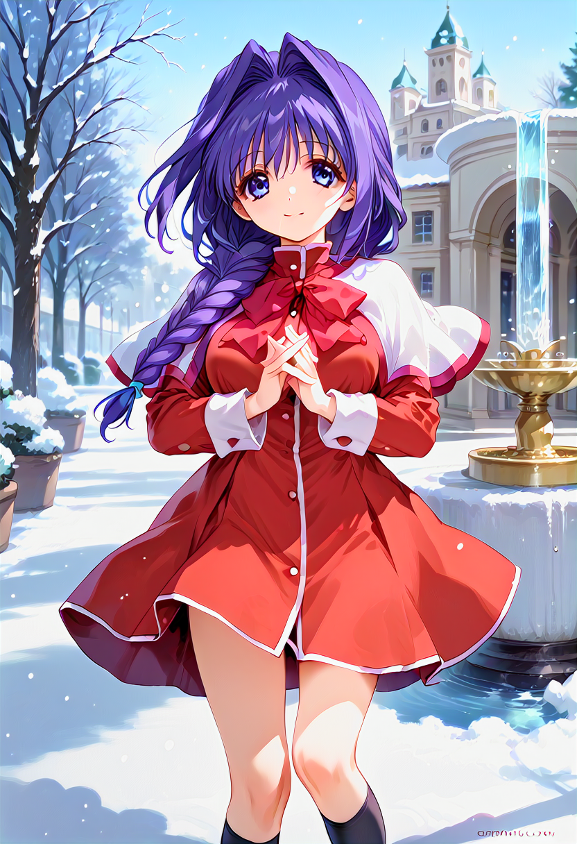[WAI-ANI-NSFW-PONYXL is merged byWAI0731, Bho NSFW MIX2 is merged by hosinosoraka712, catpony is merged by ggyydream:100], [zPDXLxxx::0.6], score_9, score_8_up, score_7_up, rating_safe, source_anime, uncensored, best quality, masterpiece, dreamy watercolor, depth of field, fcx, fyx, phc, yuh, oya, kib, very aesthetic, absurdres, retro style, <lora:Expressive_H-000001:0.5>, Expressiveh, <lora:flat_sdxl:-0.2>, <lora:Mixed_ArtstyleV2:0.25>, [this lora is made by MaiiaM:100],  good_hands, <lora:iris_size_control2_pony_02:0.4>, <lora:detail_eyes-000019:0.2>, [this lora is made by sadsilly:100], detail1eye, anime, <lora:long_eyelash:0.3>, long eyelashes, ultra detailed eyes, beautiful eyes, bright eyes, faint lips BREAK <lora:akiko-minase-ponyxl-lora-nochekaiser:1>, akiko minase, purple hair, blue eyes, braid, braided ponytail, hair intakes, hair over shoulder, long hair, single braid, purple hair, blue eyes, big breasts BREAK <lora:Kanon_uniform:1>, kanon uniform, red dress, red edge white capelet, red bow, long sleeves, black socks, loafers, dancing, spread arms, twisted torso, turn around, smile, closed mouth, snow, snowy park, fountain, sky, trees, happy