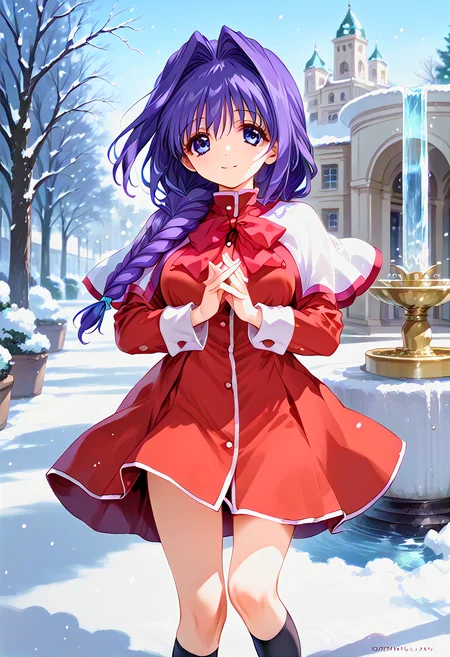 [WAI-ANI-NSFW-PONYXL is merged byWAI0731, Bho NSFW MIX2 is merged by hosinosoraka712, catpony is merged by ggyydream:100], [zPDXLxxx::0.6], score_9, score_8_up, score_7_up, rating_safe, source_anime, uncensored, best quality, masterpiece, dreamy watercolor, depth of field, fcx, fyx, phc, yuh, oya, kib, very aesthetic, absurdres, retro style, <lora:Expressive_H-000001:0.5>, Expressiveh, <lora:flat_sdxl:-0.2>, <lora:Mixed_ArtstyleV2:0.25>, [this lora is made by MaiiaM:100],  good_hands, <lora:iris_size_control2_pony_02:0.4>, <lora:detail_eyes-000019:0.2>, [this lora is made by sadsilly:100], detail1eye, anime, <lora:long_eyelash:0.3>, long eyelashes, ultra detailed eyes, beautiful eyes, bright eyes, faint lips BREAK <lora:akiko-minase-ponyxl-lora-nochekaiser:1>, akiko minase, purple hair, blue eyes, braid, braided ponytail, hair intakes, hair over shoulder, long hair, single braid, purple hair, blue eyes, big breasts BREAK <lora:Kanon_uniform:1>, kanon uniform, red dress, red edge white capelet, red bow, long sleeves, black socks, loafers, dancing, spread arms, twisted torso, turn around, smile, closed mouth, snow, snowy park, fountain, sky, trees, happy