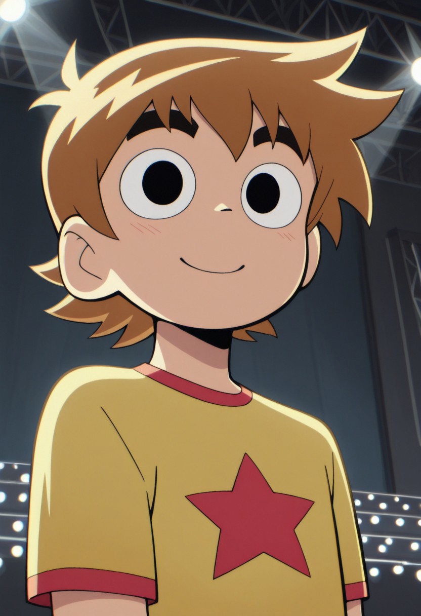 masterpiece,best quality,amazing quality, source_anime,
scotpilgr, 1boy, male focus, solo, black eyes, brown hair, short hair, t-shirt, yellow shirt, star (symbol), upper body, smile,
indoor, stage, lights,