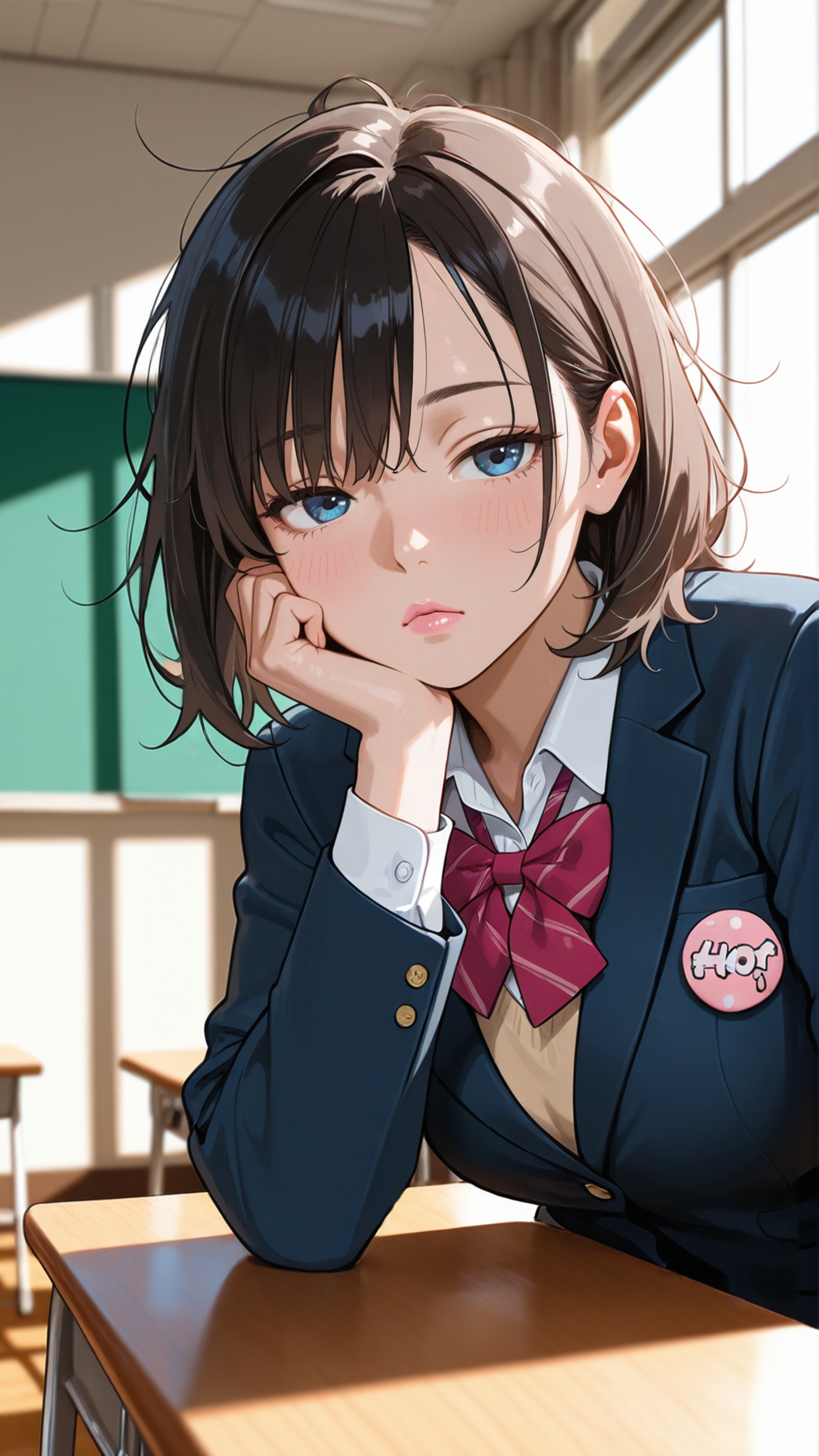 amazing quality, best quality, newest, volumetric lighting, photo background, depth of field, realistic face, 
adult woman, classroom, school uniform, button badge, messy hair, asymmetrical bangs, bored, in heat, pink lips, blue eyes, short messy bangs,