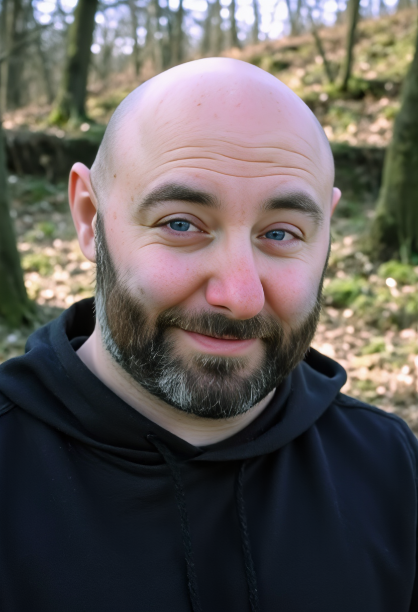 still image of a man with a beard barricadettv with blue eyes, bald, black sweater, looking at viewer, realistic, cinematic look, filmic, detailed, high quality, sharp image, film color, kodak motion picture film style, 35mm, fujicolor, analog