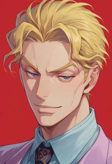 score_9, score_8_up, score_7_up, source_anime, solo, 1boy, man, sexy man, Yoshikage Kira, short hair, blonde hair, cheekbones, suit, collared shirt, tie, smirk, portrait, close up, halfbody, looking at viewer, standing, red background