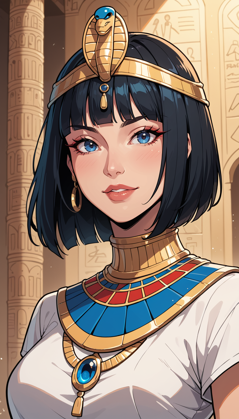 score_9, score_8_up, score_7_up, Western Comics, Portrait, girl, egyptian queen, cute, seductive, innocent, light smile:0.3, plump lips, slender body, black hair, bob cut, perfect make-up, intricate jewelry, golden headdress, captured in a walls adorned with hieroglyphics, depth of field, dynamic angle, fashion photography, sharp, hyperdetailed:1.15