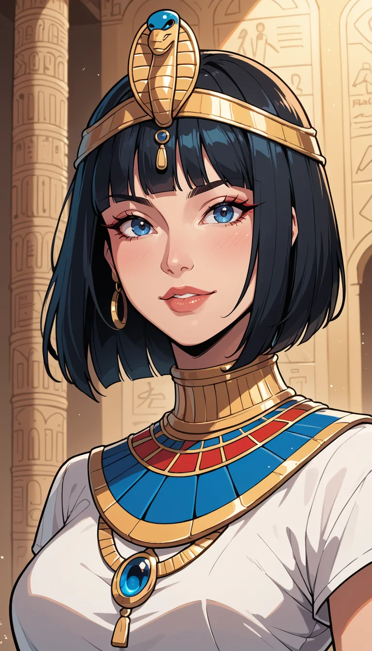 score_9, score_8_up, score_7_up, Western Comics, Portrait, girl, egyptian queen, cute, seductive, innocent, light smile:0.3, plump lips, slender body, black hair, bob cut, perfect make-up, intricate jewelry, golden headdress, captured in a walls adorned with hieroglyphics, depth of field, dynamic angle, fashion photography, sharp, hyperdetailed:1.15