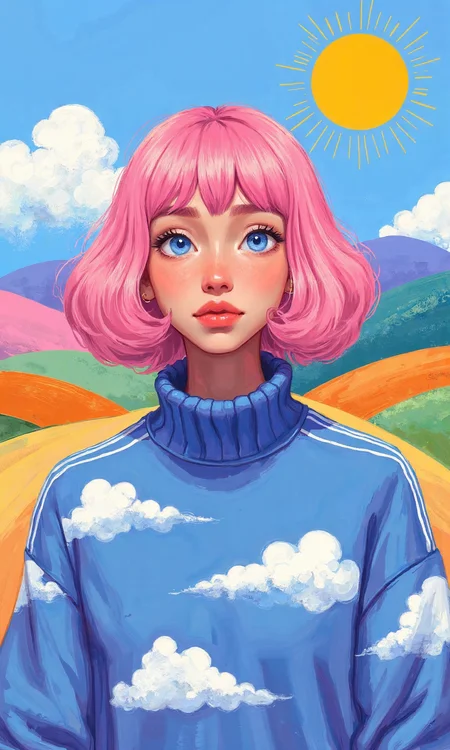 Medium shot digital artwork with a vibrant and illustrative style depicts a young woman centered in the image, her body is positioned facing directly forward and her head is also facing directly forward, her body pose is upright and symmetrical with her arms positioned at her sides, her face is in a full front view, looking directly at the viewer with wide open blue eyes and a neutral expression, her hands are not visible, the image is made of smooth, bold lines and flat, vibrant colors with soft shadows to add depth, the woman's pink hair is styled in a voluminous bob that frames her face, the hair is thick and wavy, particularly around her cheeks and jawline, creating a soft and rounded silhouette, her face shows stylized features with large, round blue eyes, a small and subtle nose, and a gentle closed mouth with a hint of pink lipstick, her eyes are large and round with bright blue irises, dark pupils, and prominent white highlights, her hairstyle is a short, voluminous pink bob with rounded ends and straight bangs that reach her eyebrows, her hair color is a vibrant, solid pink, she is wearing a blue sweater with white cloud patterns, the sweater has a high, ribbed, dark blue turtleneck collar and long sleeves, the body of the sweater is light blue with horizontal white stripes and puffy white clouds scattered across it, no accessories are visible, the background is a colorful skyscape, the upper part is a bright blue sky with puffy white clouds, the middle ground shows rolling hills in pastel shades of pink, orange, green, and blue, and the top most sky area is a gradient of dark blue to light blue, with a stylized yellow sun with radiating lines positioned at the upper right corner, bright and even lighting illuminates the scene, casting soft shadows that add dimension to the woman and the background, enhancing the overall cheerful and whimsical nature of the artwork., <lora:FLUX-daubrez-DB4RZ-v2:0.35> DB4RZ, DB4RZ style painting
<lora:aidmaMJ6.1_v0.5_3:0.35> aidmamj6.1, aidmamj6
<lora:samdoesarts:0.35>