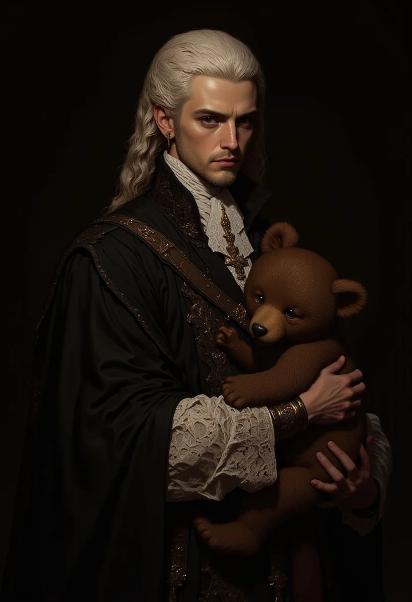 A detailed, realistic digital painting depicting a man in 18th-century American judicial attire, standing against a dark, shadowy background that enhances his formal clothing. He wears a white, full-bottomed 18th-century judicial wig, its elaborate curls cascading over his shoulders, giving him an air of authority and tradition. His face is clean-shaven, with a serious expression and piercing eyes. His attire consists of a richly detailed black robe, tailored with sharp, angular lines, and a wide, white ruffled cravat framing his neck. The robe is accented with fine lace at the cuffs, while subtle gold detailing along the seams adds a touch of opulence, signifying his high status. In his hands, he cradles a large, brown teddy bear close to his body, its plush texture contrasting sharply with the formality of his clothing. The lighting captures every nuance of his robe’s fabric, emphasizing the smoothness of the black material and the delicate lace, while the teddy bear’s softness adds a surprising contrast. The background remains minimalistic, drawing all focus to the man, his distinguished attire, and the unexpected tenderness of the teddy bear. The painting showcases meticulous attention to detail, highlighting the rich textures and careful shading of the judicial fashion, combined with the warmth of the plush toy.
