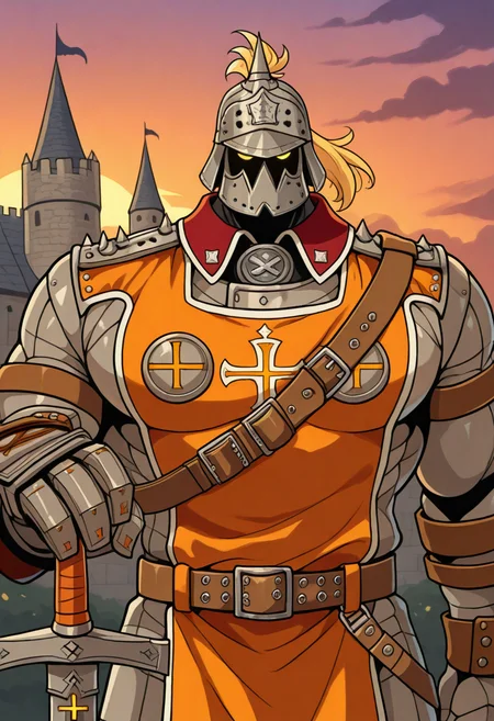 masterpiece, best quality, 1boy, male focus, <lora:pot_ill:1> ggstpot, muscular male, helmet, armor, orange tabard, gauntlets, belt, ponytail, yellow eyes, sword, holding sword, medieval, sunset, castle