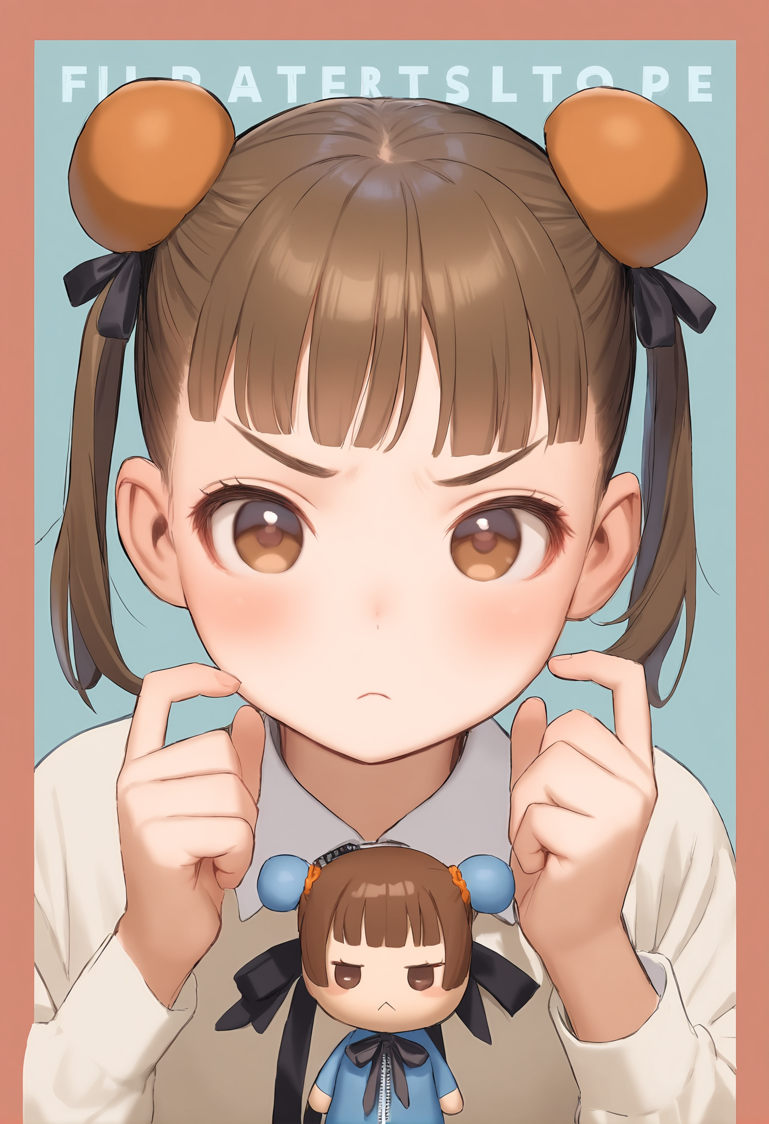1girl, 
murata range, 
frown, closed mouth, zipper, holding, hair bun, bun cover, shirt, double bun, english text, upper body, blunt bangs, :<, holding doll, collared shirt, looking at viewer, border, solo, hands up, v-shaped eyebrows, ribbon, blush, doll, long sleeves, neck ribbon, doll head, two side up, character doll, blue background, chibi, black ribbon, brown eyes, red border, brown hair, 
masterpiece, best quality, newest,  safe
 <lora:murata_range_image737_2024-03-28_a31:1>