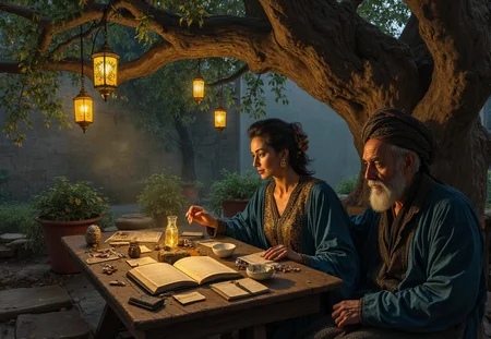 <lora:mrpcanrnet2.safetensors:1> style of paint of mrp, mrph of a carnet mrpcanrnet2 with mrpdamier on (mrpvp), covered of mrpv
In the heart of an ancient garden, the gentle twilight casts a soft, warm glow over a scene steeped in nostalgia. A large, ancient tree stands at the center, its sprawling branches hung with delicate lanterns that dance in the evening breeze. Beneath the tree, a well-worn wooden table is set with a collection of cherished mementos. Faded photographs, their edges curling with age, lay scattered alongside old, leather-bound letters tied with worn ribbons. The air is filled with the fragrant scent of blooming jasmine, evoking memories of long-past summers.
Seated at the table, a noblewoman in her mid-fifties, her dark hair streaked with silver, wears a flowing silk robe embroidered with intricate patterns. Her name is Fatima, and her eyes, a deep brown, are fixed on a photograph of a younger version of herself, standing with a group of friends in the vibrant market of Khiva. Her fingers trace the edges of the image, a bittersweet smile playing on her lips.
Nearby, a man in his early sixties, his beard tinged with grey, leans against the tree trunk, his gaze lost in the distance. He is dressed in traditional Turkic garb, a long coat of deep blue and a turban wrapped around his head. In his hand, he holds a letter, its paper yellowed with time. The play of light and shadow highlights the lines on his face, each one a story of a life well-lived.
The garden around them is a tapestry of memories, with each object telling a tale of love, loss, and the passage of time. A small, weathered journal lies open on the table, its pages filled with the neat, meticulous handwriting of someone who has spent a lifetime capturing moments. The lanterns flicker, casting long shadows that seem to dance with the spirits of the past, creating a surreal and hauntingly beautiful landscape where the boundaries between the present and the memories of yesteryears blur.