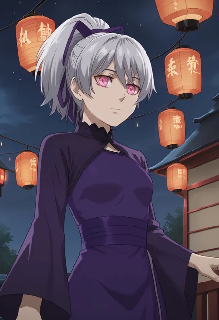 1girl, highres. solo, Yin_DDB, pink eyes, ribbon, purple dress, black and purple dress, ponytail, silver hair,
looking at viewer, cowboy shot, close-up,
night sky, sky lantern, paper lantern, floating lights