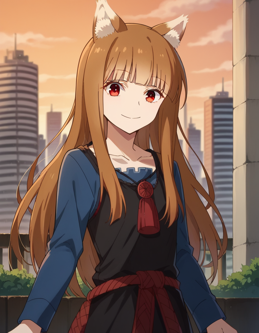 score_9, score_8_up, score_7_up, source_anime,
wolfholo, <lora:wolf-holo-alpha-ponyxl-lora-nochekaiser:1>
holo, red eyes, bangs, blunt bangs, sidelocks, animal ears, fox ears, brown hair, long hair,
dress, long sleeves, collarbone,
outdoors, cityscape, smile,
looking at viewer, cowboy shot, dutch angle,