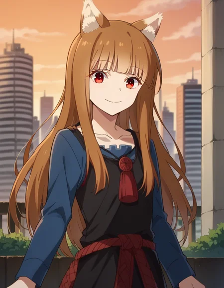 score_9, score_8_up, score_7_up, source_anime,
wolfholo, <lora:wolf-holo-alpha-ponyxl-lora-nochekaiser:1>
holo, red eyes, bangs, blunt bangs, sidelocks, animal ears, fox ears, brown hair, long hair,
dress, long sleeves, collarbone,
outdoors, cityscape, smile,
looking at viewer, cowboy shot, dutch angle,