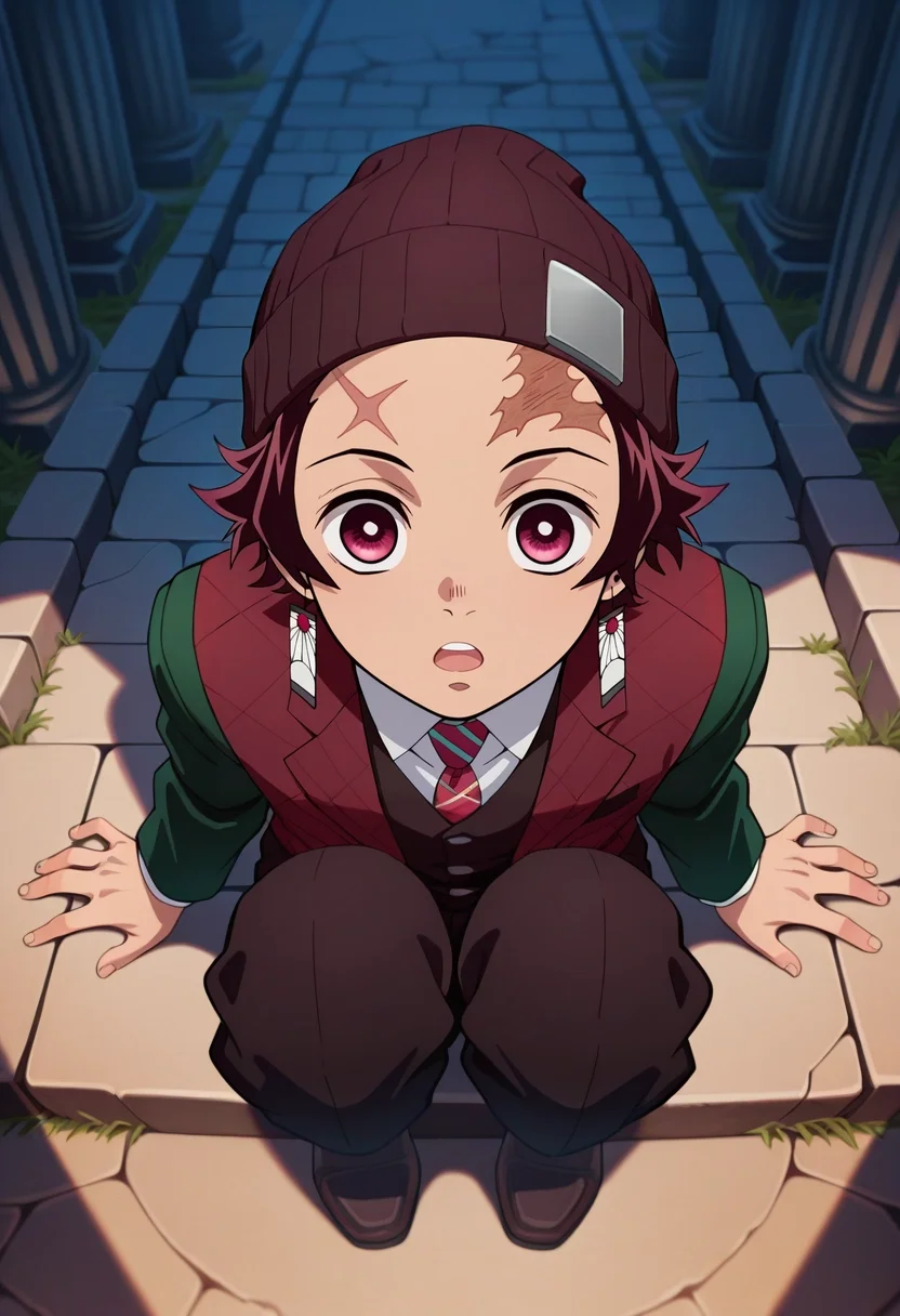 masterpiece, best quality, , (3d:0.4), looking at viewer, , 1boy, solo, male focus, <lora:tanjirou_kamado_ilxl:0.78>, tanjirou_kamado, 1boy, red hair, red eyes, short hair, scar on forehead, , from above, ancient ruins, midnight, knees up, open mouth, suit vest, beanie