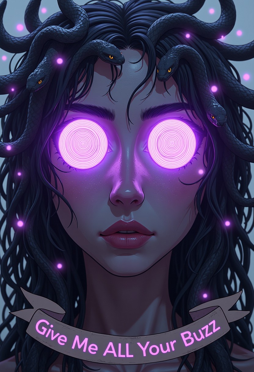 a detailed portrait of medusa. she has very big eyes. magical purple spirals in her big eyes. trying to seduce the viewer. the spiral in her eyes are very detailed. her eyes are basically big white circles with fine detailed neon purple spirals going around inside the circle. a banner below her face says "Give Me All Your Buzz". she has many snakes as her hair. she has very detailed snakes as hair. snakes looking at the viewer. very fine detailed portrait.