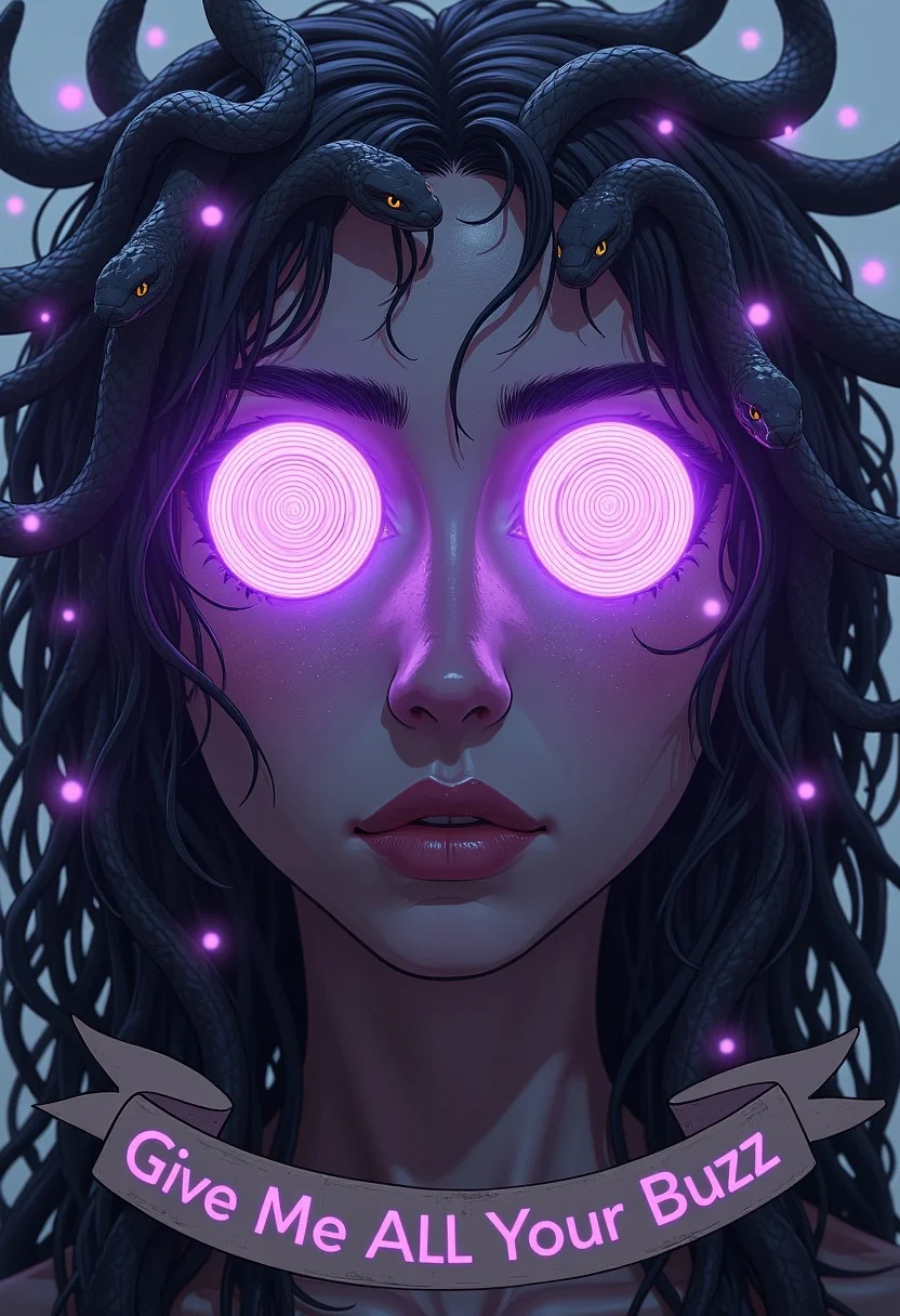 a detailed portrait of medusa. she has very big eyes. magical purple spirals in her big eyes. trying to seduce the viewer. the spiral in her eyes are very detailed. her eyes are basically big white circles with fine detailed neon purple spirals going around inside the circle. a banner below her face says "Give Me All Your Buzz". she has many snakes as her hair. she has very detailed snakes as hair. snakes looking at the viewer. very fine detailed portrait.