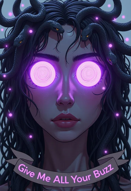 a detailed portrait of medusa. she has very big eyes. magical purple spirals in her big eyes. trying to seduce the viewer. the spiral in her eyes are very detailed. her eyes are basically big white circles with fine detailed neon purple spirals going around inside the circle. a banner below her face says "Give Me All Your Buzz". she has many snakes as her hair. she has very detailed snakes as hair. snakes looking at the viewer. very fine detailed portrait.