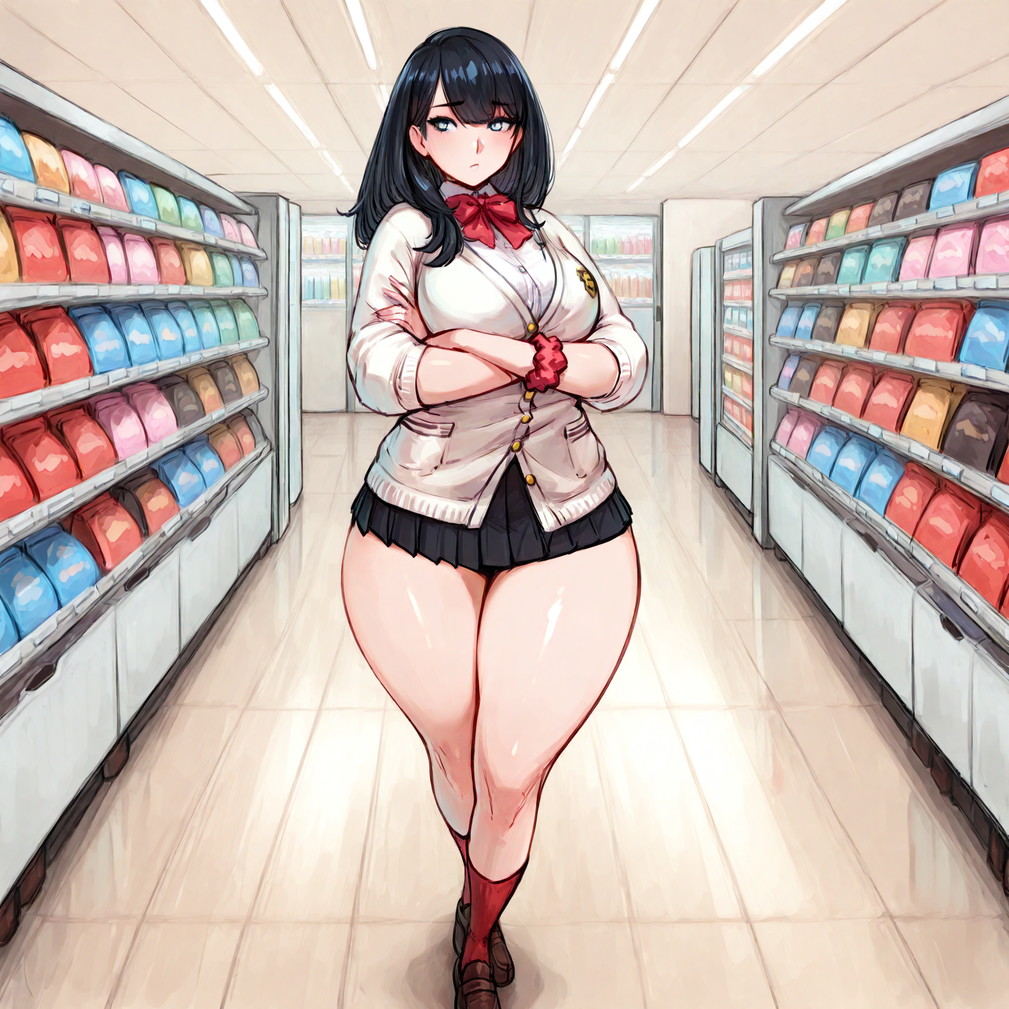 (masterpiece), best quality, (highly detailed), 1female, solo,  <lora:Junkpuyo_style_Illustrious:0.8>,  <lora:AERikka:1>, AERikkaDef, blue eyes, black hair, long hair, red bowtie, white cardigan, wrist scrunchie, microskirt, pleated skirt, red sock, brown footwear, loafers, thick thighs, store, arms crossed,