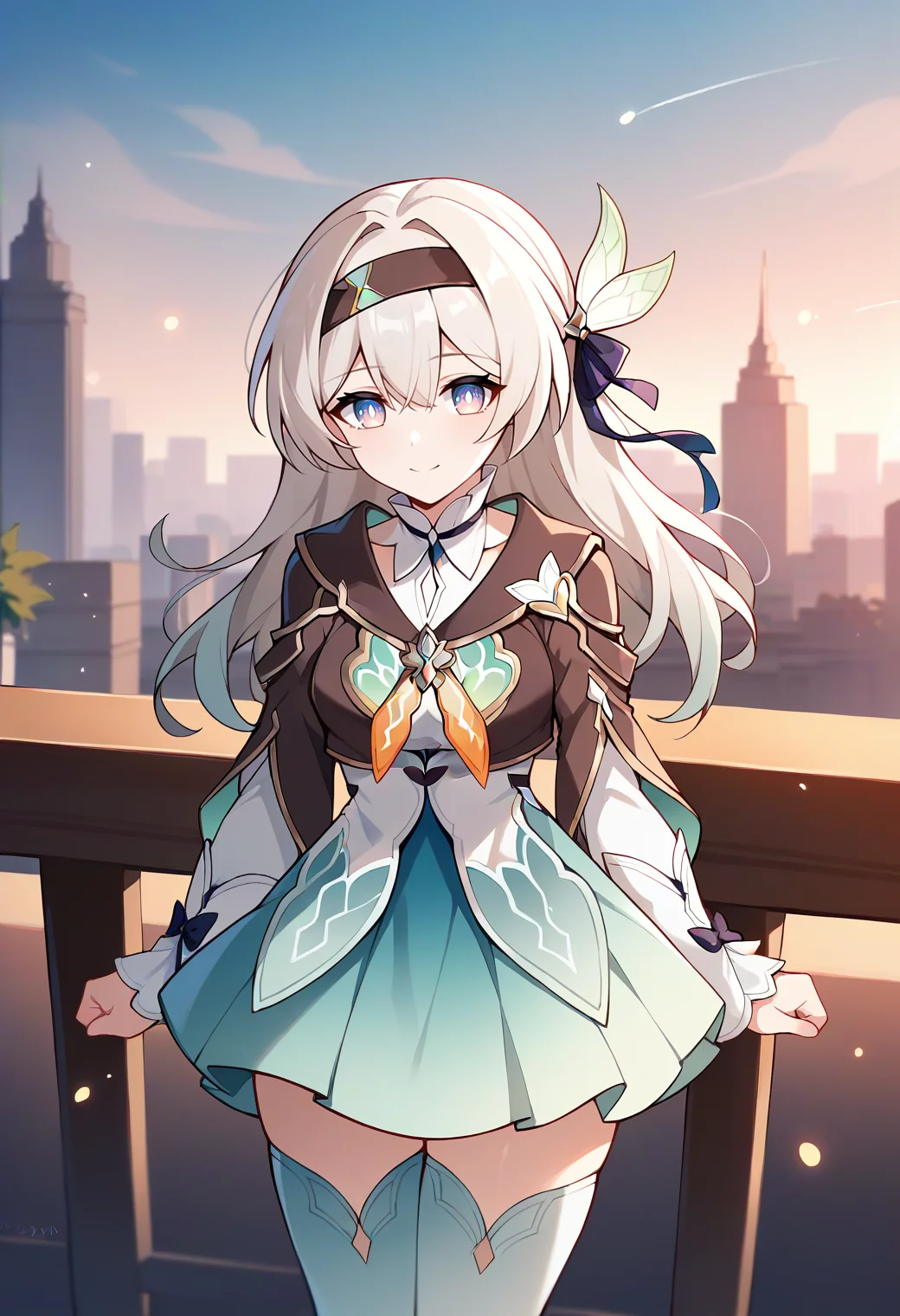 score_9,score_8_up,score_7_up,score_6_up,score_5_up,score_4_up,
1girl, firefly \(honkai: star rail\), honkai \(series\), hairband, hair ornament, dress, skirt, detached sleeves, cropped jacket, thighhighs, medium breasts, light smile, closed mouth,
cowboy shot, outdoors, city, solo, looking at viewer, straight-on, standing,
<lora:fireflyponyxl1:1>