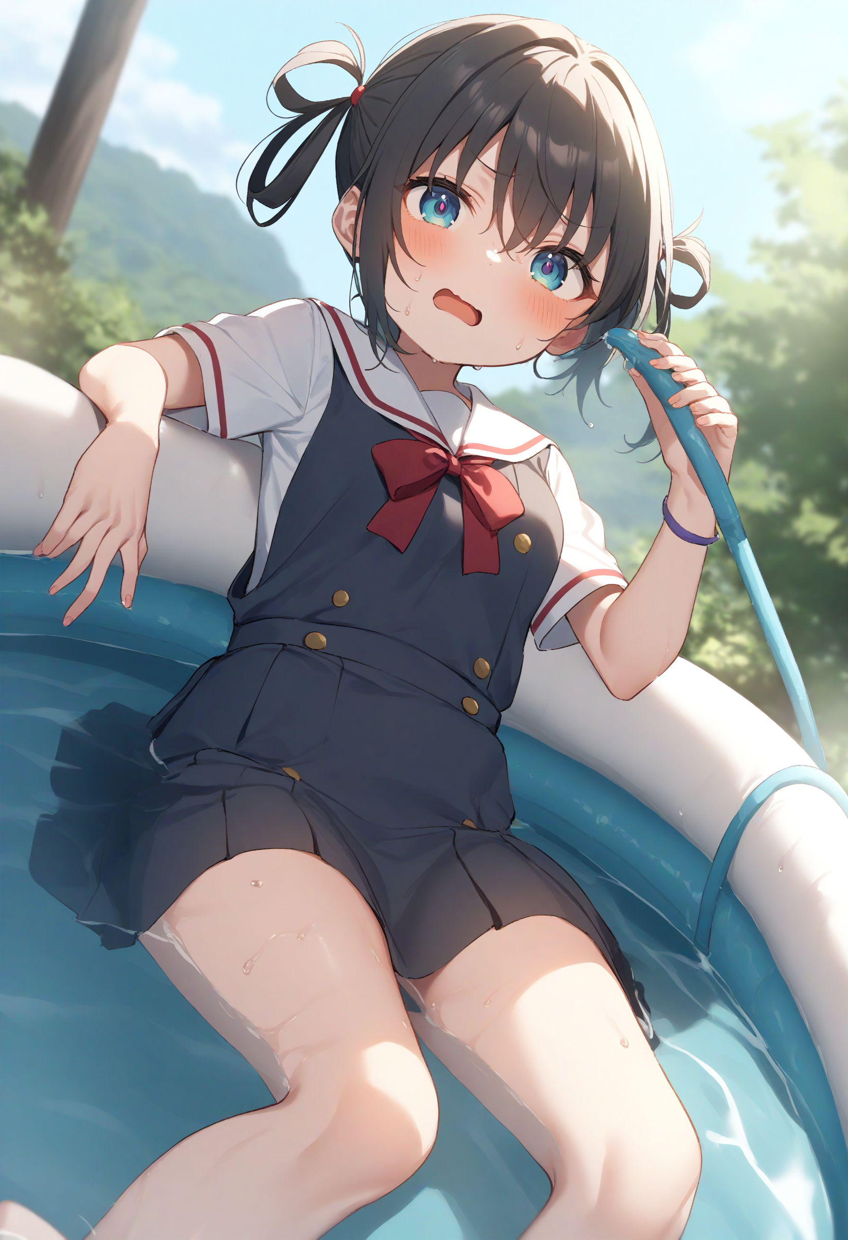 1girl,sincos, ningen mame, toosaka asagi,solo,medium breasts,school uniform,
wading pool,partially submerged,water,wet,outdoors, hose,barefoot, day,lying,<lora:wadingpool_XL_v1:0.8>
from below, upper body, looking up, gray hair, gray eyes,evil, open mouth, hair rings hair,,
best quality, very aesthetic, absurdres