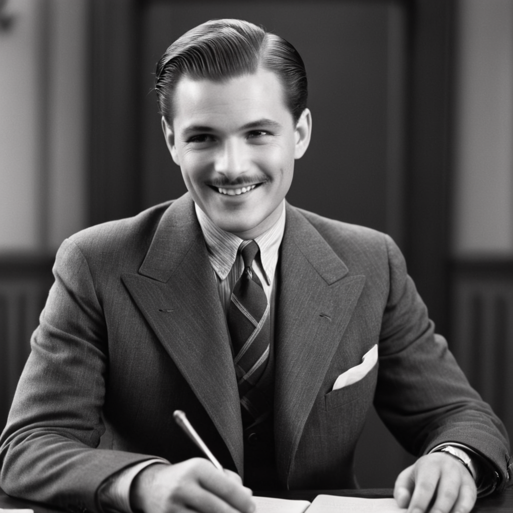cinematic film still of  <lora:1930's style:1>
In the 1930's a man in a suit is sitting at a desk with a microphone,solo,smile,short hair,shirt,long sleeves,1boy,holding,jacket,monochrome,greyscale,male focus,necktie,collared shirt,indoors,book,facial hair,formal,suit,microphone,desk,paper,open book,camera,realistic,realism,perfection,perfect,filmic,retro,vintage,classic,different haircut,different look,different style,1930's style , 1930 style, shallow depth of field, vignette, highly detailed, high budget, bokeh, cinemascope, moody, epic, gorgeous, film grain, grainy