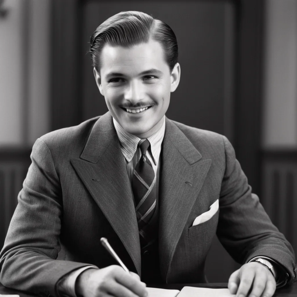 cinematic film still of <lora:1930's style:1>
In the 1930's a man in a suit is sitting at a desk with a microphone,solo,smile,short hair,shirt,long sleeves,1boy,holding,jacket,monochrome,greyscale,male focus,necktie,collared shirt,indoors,book,facial hair,formal,suit,microphone,desk,paper,open book,camera,realistic,realism,perfection,perfect,filmic,retro,vintage,classic,different haircut,different look,different style,1930's style , 1930 style, shallow depth of field, vignette, highly detailed, high budget, bokeh, cinemascope, moody, epic, gorgeous, film grain, grainy