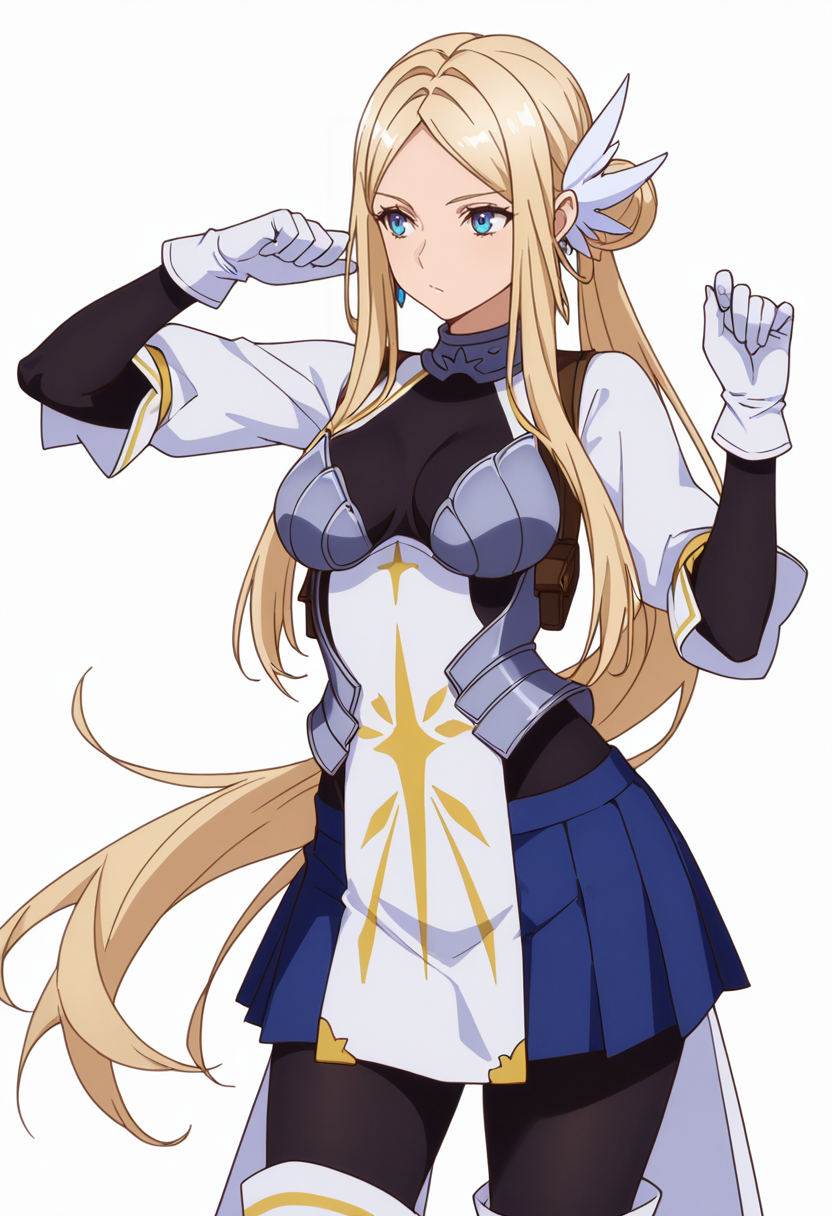 Smooth Quality,masterpiece,very intricate, high quality details, ultra realistic, high detailed skin,detailed enviorement,absurdres,
simple background, white background, dancing, solo,front view,
 <lora:Krishna_CNR:0.8> krishna_cnr, 1girl,blonde hair,very long hair,single hair bun, sidelocks, parted bangs, blue eyes, breasts,white hair ornament, earrings,armor, breastplate, armored dress, blue skirt, pleated skirt,white gloves, black pantyhose,white thigh boots,, guilt,, :/,