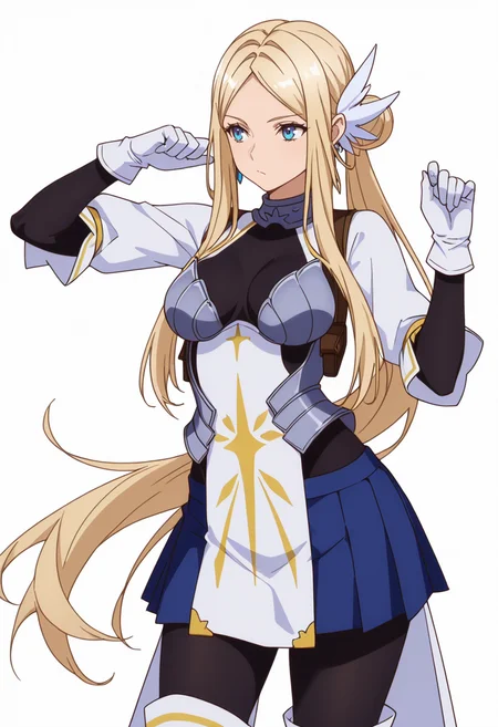 Smooth Quality,masterpiece,very intricate, high quality details, ultra realistic, high detailed skin,detailed enviorement,absurdres,
simple background, white background, dancing, solo,front view,
<lora:Krishna_CNR:0.8> krishna_cnr, 1girl,blonde hair,very long hair,single hair bun, sidelocks, parted bangs, blue eyes, breasts,white hair ornament, earrings,armor, breastplate, armored dress, blue skirt, pleated skirt,white gloves, black pantyhose,white thigh boots,, guilt,, :/,