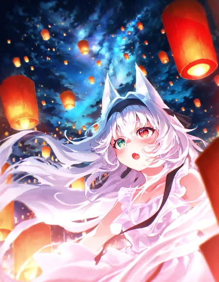 1girl, solo, floating hair, :o, fang, blush, red eyes, green eyes, black headband, hair intakes, white hair, absurdly long hair, heterochromia, fox ears, sundress, white dress, slit pupils, crossed bangs, <lora:hayateluc:0.8>, paper lantern, sky lantern, night, looking up, cloud, upper body, looking afar, dark