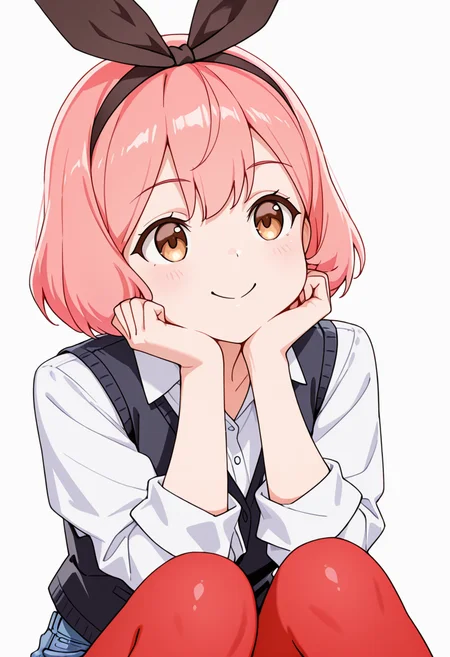 masterpiece,high quality details,absurdres, 
 <lora:Koshiba_Mai:0.8>
mar_cnr, 1girl, pink hair, short hair, bangs, brown eyes,black hairband,, simple background, white background, front view,solo,, c:,, button-up vest ,anorak  ,rolled-up jeans,  ,red pantyhose,