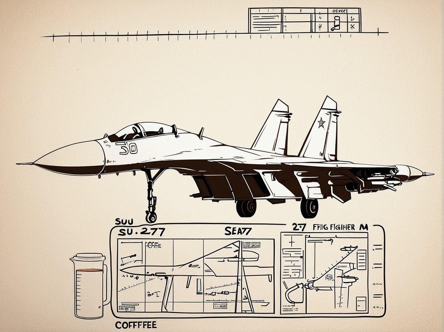 <lora:Su-27_Illustrious:1.1>,su-27 fighter jet, hand‑drawn technical blueprint on aged parchment, sepia ink lines, detailed cross‑sections, measurement annotations, faint coffee stains, vintage engineering aesthetic, scanned document look, masterpiece, best quality, amazing quality