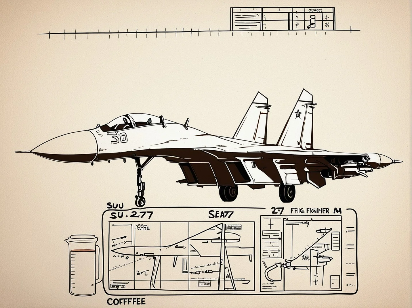 <lora:Su-27_Illustrious:1.1>,su-27 fighter jet, hand‑drawn technical blueprint on aged parchment, sepia ink lines, detailed cross‑sections, measurement annotations, faint coffee stains, vintage engineering aesthetic, scanned document look, masterpiece, best quality, amazing quality