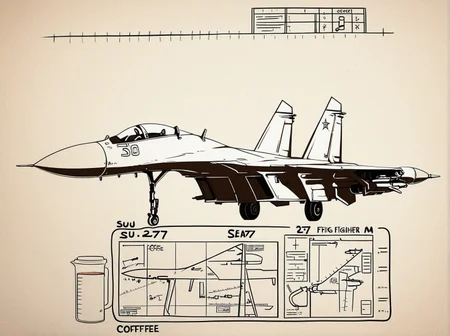 <lora:Su-27_Illustrious:1.1>,su-27 fighter jet, hand‑drawn technical blueprint on aged parchment, sepia ink lines, detailed cross‑sections, measurement annotations, faint coffee stains, vintage engineering aesthetic, scanned document look, masterpiece, best quality, amazing quality