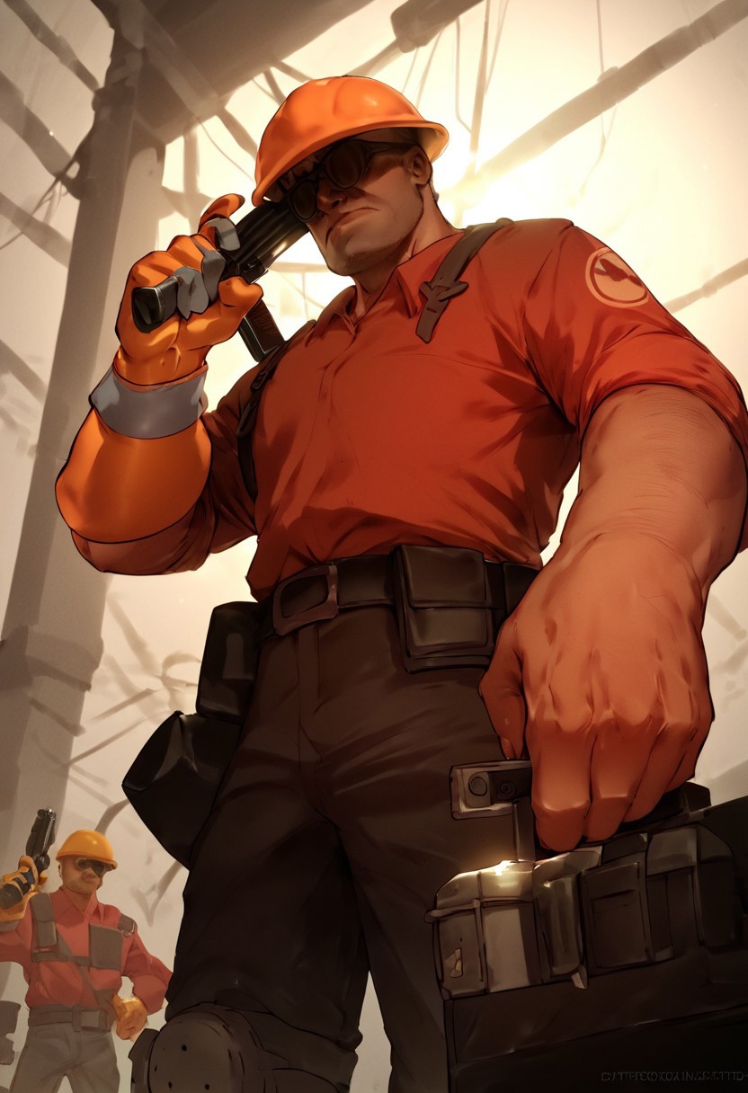 score_9, score_8_up, score_7_up, score_6_up, score_5_up, score_4_up, tf2engineer, redengie, red shirt, hardhat, sunglasses, single glove, low angle, holding shotgun, backlit, dramatic lighting