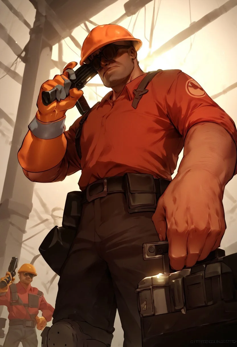 score_9, score_8_up, score_7_up, score_6_up, score_5_up, score_4_up, tf2engineer, redengie, red shirt, hardhat, sunglasses, single glove, low angle, holding shotgun, backlit, dramatic lighting