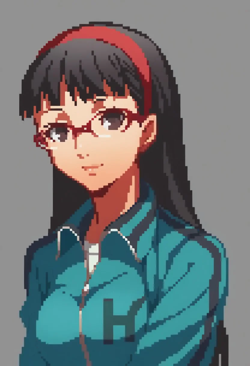 score_9, score_8_up,  detailed,    absurdres, extreme_quality,   anime style,     portrait, upper body portrait, slight side angle,  medium breasts, rpg portrait,  rpg, portrait,  , shadow, plain background, light grey background,  , upper body focus,   face focus, looking at viewer,  slight smile,  p4yukiko, amagi yukiko, long hair, black hair, bangs, hairband,  , long hair,  glasses,   red-framed eyewear, p4yukiko-track, track suit, teal track suit, track jacket, teal track jacket, stripes, striped sleeves, track pants, yh,