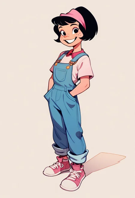 score_9, score_8_up, score_7_up BREAK Yuyito, 1girl, black hair, pink headband, black eyes, freckles, fuchsia overalls, light pink longsleeved undershirt, pink white shoes, smiling at viewer,