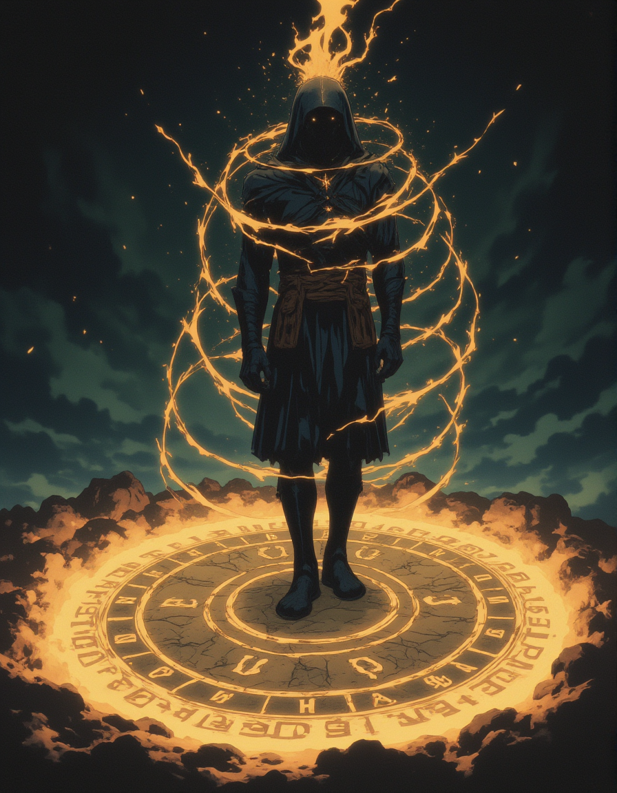 A young sorcerer standing in the middle of a magic circle, with runes glowing on the ground and magical energy swirling around him.,
 <lora:NeonFantasyFLUX:0.8> ne0nfant4sy,