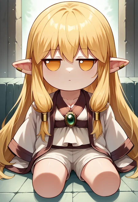 score_9, score_8_up, source_anime, 1girl, solo, Serie, long hair, hair tubes, ear bar, white dress, short dress, cleavage, green brooch, white robe, short robe, white shorts, fumo \(doll\), chibi, sitting, <lora:ChamSeriePonyXL:0.8>, <lora:style_toyfumo_ponyXL:1>