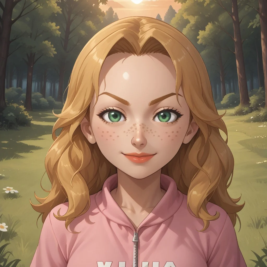 score_9, score_8, BREAK, solo, mii, wii, female wii, 1girl, wii sports, blonde hair, dark blonde eyebrows, green eyes, freckles, lips, pink clothing, white pants, shoes, nintendo mii, modern_mii, classic_mii, breasts, Rachel_(Wii_Sports), cute, sexy pose, smile, outdoors, sunlight, shadows, evening lighting, natural lighting, forest, trees, grass, orange sky, sunset