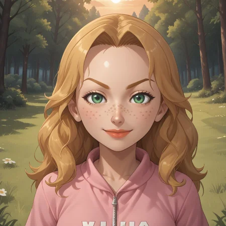 score_9, score_8, BREAK, solo, mii, wii, female wii, 1girl, wii sports, blonde hair, dark blonde eyebrows, green eyes, freckles, lips, pink clothing, white pants, shoes, nintendo mii, modern_mii, classic_mii, breasts, Rachel_(Wii_Sports), cute, sexy pose, smile, outdoors, sunlight, shadows, evening lighting, natural lighting, forest, trees, grass, orange sky, sunset