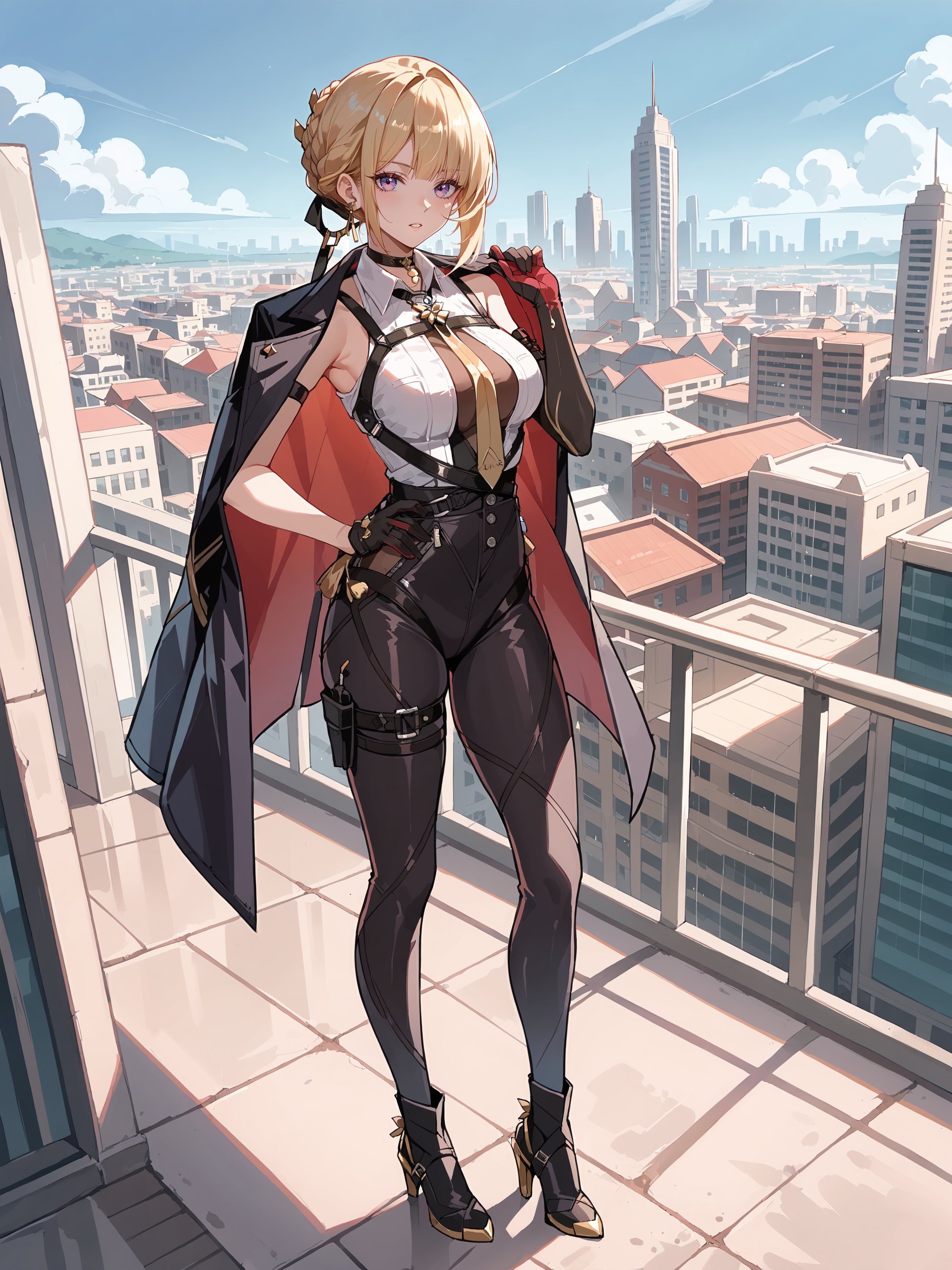 score_9, score_8_up, score_7_up, source_anime, ray tracing, best quality,  <lora:Style-Expressive_H-pony:0.8:hr=0.4>,  <lora:Char-ZZZ-Evelyn-V1-Pony:0.9:hr=0.6>, 1girl, solo, evelyn chevalier, braided bun, hair up, black hair ribbon, earpiece, thigh holster, high-waist tight pants, black gloves, collared sleeveless shirt, chest harness, arm strap, single gauntlet, yellow necktie, pendant choker, high heel boots, full body, standing, parted lips, looking at viewer, hand on hip, outdoors, rooftop, cityscape, skyline, black coat, coat on shoulders,