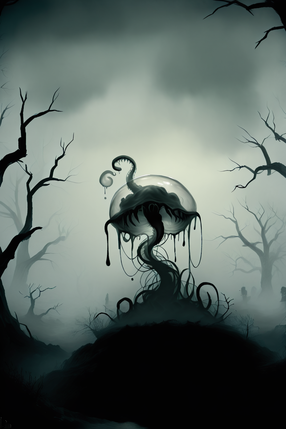 <lora:DonMGl00myN1gh7m4r3XL:1> DonMGl00myN1gh7m4r3XL, Dark, Cimmerian, Crepuscular, Dim, Dreary, Dusky, Eerie, Funereal, Gloomy, Murky, Obscure, Opaque, Penumbra, Sombre, Shadowy, Shady, Somber, Stygian, Tenebrous, Twilight, Umbral, score_9, score_8_up, score_7_up, score_6_up, score_5_up, score_4_up, <lora:wizardslimev15-t:1> wizardslimus, slime skin, transparent head, transparent body, transparent hair, transparent face, transparent, slime girl, <lora:030483P:0.8> 030483P, woman, 24 years old, <lora:Breast Slider - Pony_alpha1.0_rank4_noxattn_last:0.4>, <lora:GRIM_v1:1>  greyscale, monochrome, limited palette, horror (theme), eldritch abomination, chaotic, silhouette,
