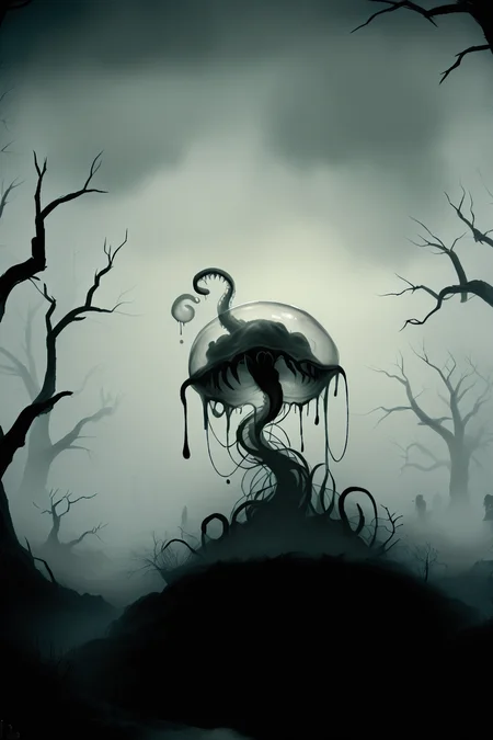 <lora:DonMGl00myN1gh7m4r3XL:1> DonMGl00myN1gh7m4r3XL, Dark, Cimmerian, Crepuscular, Dim, Dreary, Dusky, Eerie, Funereal, Gloomy, Murky, Obscure, Opaque, Penumbra, Sombre, Shadowy, Shady, Somber, Stygian, Tenebrous, Twilight, Umbral, score_9, score_8_up, score_7_up, score_6_up, score_5_up, score_4_up, <lora:wizardslimev15-t:1> wizardslimus, slime skin, transparent head, transparent body, transparent hair, transparent face, transparent, slime girl, <lora:030483P:0.8> 030483P, woman, 24 years old, <lora:Breast Slider - Pony_alpha1.0_rank4_noxattn_last:0.4>, <lora:GRIM_v1:1> greyscale, monochrome, limited palette, horror (theme), eldritch abomination, chaotic, silhouette,