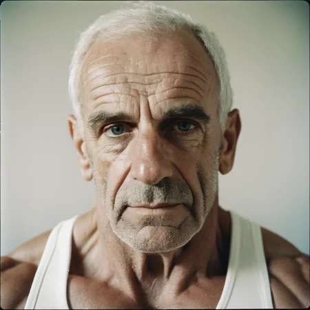 A bodybuilder old man, close-up, portrait
,Film Grain, FilmGrainAF,<lora:filmgrainConfig4DEBSemTE:1>