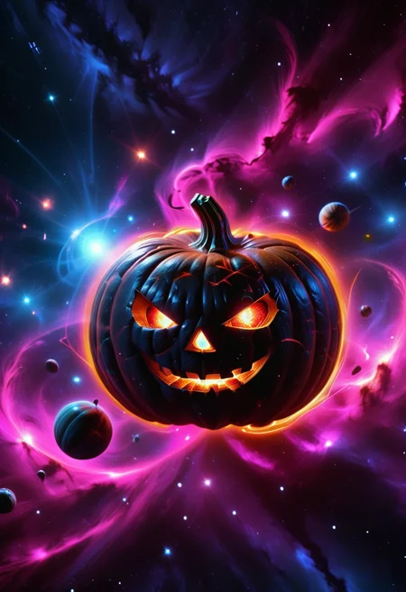 Analog photo depicting a jack-o'-lantern made of dark matter, with a neon red-pink light emitting from within, as it is floating through space, distant stars and planets in the background, galaxies and nebulae. The image is highly dynamic, dramatic, intricately detailed, hyperrealistic, 4k, 30mm
