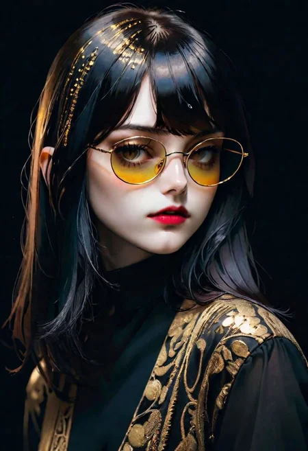 1girl reflective glasses
bangs
long hair
shadows,
Gradient mastery, ink, gold decorations and alcohol ink elements.
(Alessio Albi) contemporary, fashion, photography, photography-color, portraits