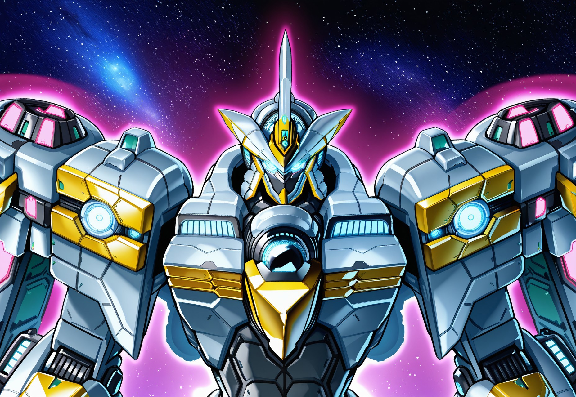 (high quality:1.1), detailed face, AA-ZEUS, 
solo, looking at viewer, blue eyes, upper body, space, no humans, glowing, robot, sky, mecha, glowing eyes, science fiction, straight-on, v-fin, upper body, neon lights, mechanical wings