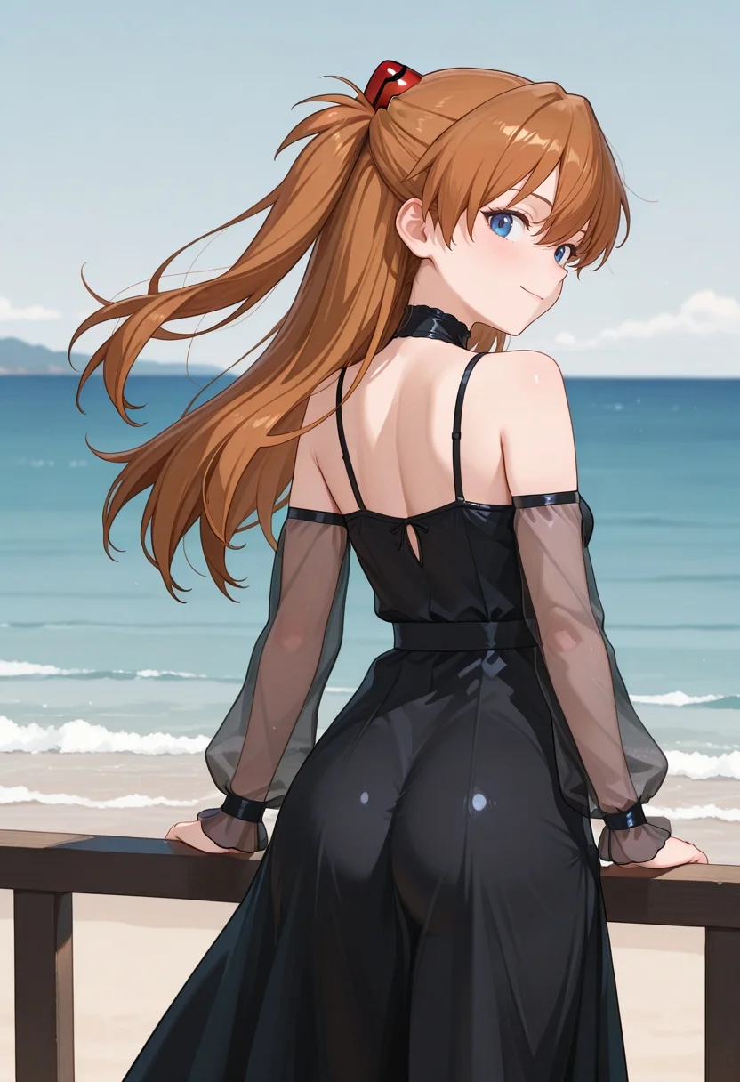 1girl, souryuu asuka langley,   coast, from behind, looking back, smile,
<lora:Black_Off-Shoulder_Satin_Dress_IL:0.8> black satin dress, see-through sleeves, detached sleeves, off shoulder, masterpiece, best quality, amazing quality, very aesthetic, high resolution, ultra-detailed, absurdres, newest,